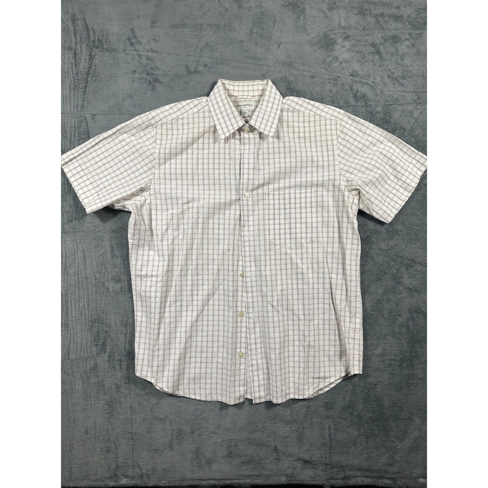 Banana Republic Mens Large Short Sleeve Button Down Shirt White Plaid Grid